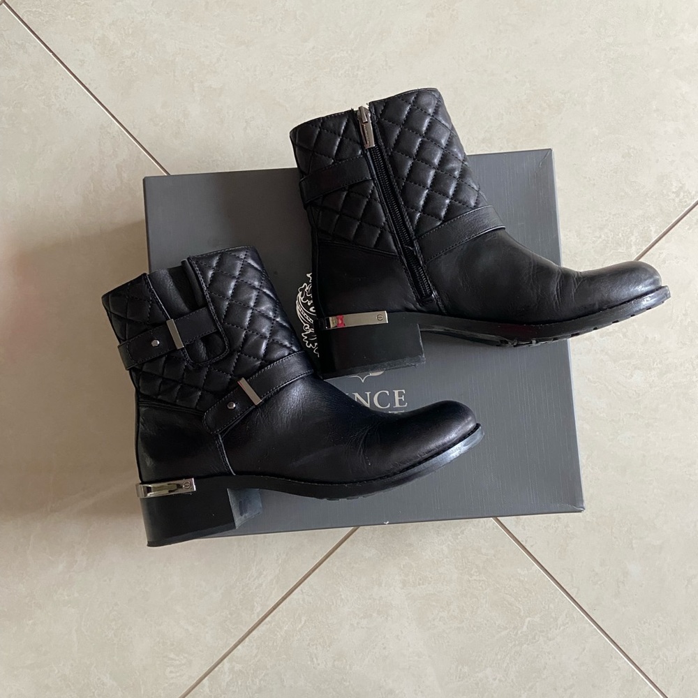 Vince Camuto Black Leather Quilted Moto Boots